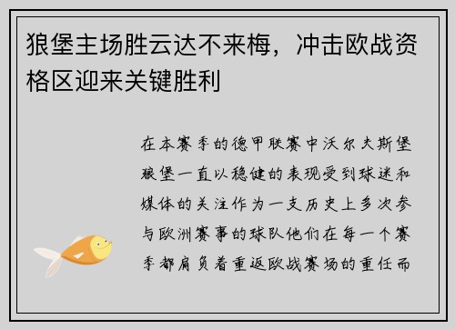 狼堡主场胜云达不来梅，冲击欧战资格区迎来关键胜利